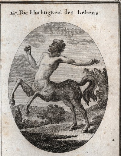 Allégorie de la vélocité de la vie humaine représentée par un centaure. Gravure dans « Iconologie oder Ideen aus dem Gebiete der Leidenschaften und Allegorien bildich dargestellt fur Zeichner, Mahler, Dichter, Gelehrte, Erzieher und freunde Hoherer Geschma - Austrian School