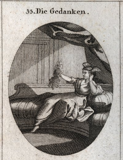 Allégorie des pensées représentée avec des ailes à la tête et tenant un bouquet de fils emmêlés image de l