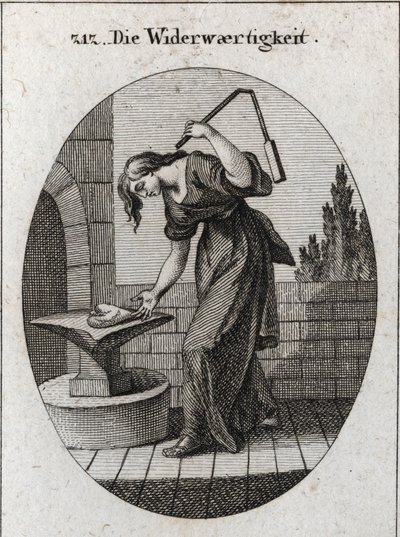 Allégorie de la tribulation. Elle tient un cœur sur une enclume et le frappe avec une petite fleur pour marquer que la tribulation enlève tout ce qui est rude et impur. Gravure dans « Iconologie oder Ideen aus dem Gebiete der Leidenschaften und Allegorien  - Austrian School