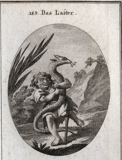Allégorie du vice représentée par un nain serrant une hydre. Gravure dans « Iconologie oder Ideen aus dem Gebiete der Leidenschaften und Allegorien bildich dargestellt fur Zeichner, Mahler, Dichter, Gelehrte, Erzieher und freunde Hoherer Geschmacksbildung  - Austrian School