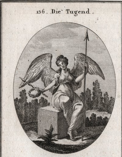 Allégorie de la vertu. Le cube de marbre sur lequel elle est assise désire la solidité, et ses ailes déployées signifient qu