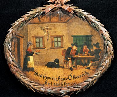 Clients assis à une table dans une auberge et serveuse, enseigne ovale pour auberge, Autriche - Austrian School