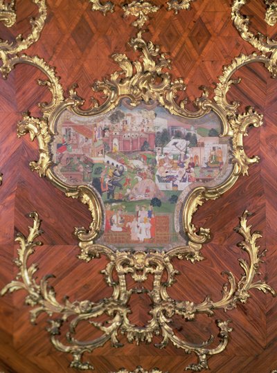 Détail de panneaux incrustés de miniatures persanes d