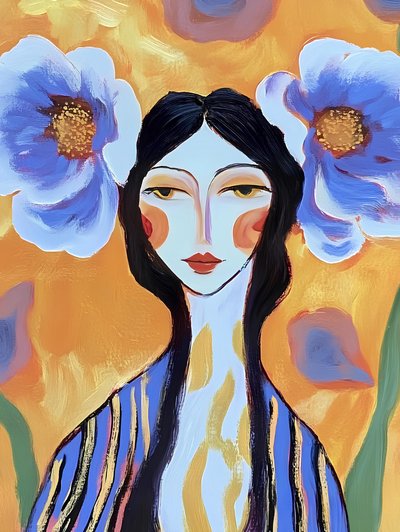 Femme bohème aux fleurs bleues - Avanesova Elena