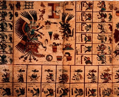 Représentation de divinités aztèques et cases correspondant au calendrier. Page du manuscrit aztèque sur écorce « Codex Borbonicus », codex indigène précolombien du centre du Mexique, fin du 15e siècle. Bibliothèque de l