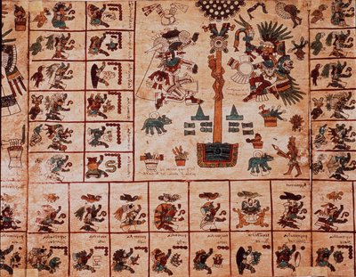 Représentation de divinités aztèques et cases correspondant au calendrier. Page du manuscrit aztèque sur écorce « Codex Borbonicus », codex indigène précolombien du centre du Mexique, fin du XVe siècle. Bibliothèque de l