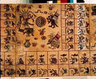Représentation de divinités aztèques et cases correspondant au calendrier. Page du manuscrit aztèque sur écorce « Codex Borbonicus », codex indigène précolombien du centre du Mexique, fin du XVe siècle. Bibliothèque de l
