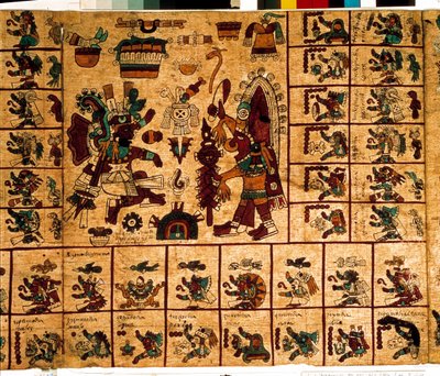 Représentation de divinités aztèques et cases correspondant au calendrier. Page du manuscrit aztèque sur écorce « Codex Borbonicus », codex indigène précolombien du centre du Mexique, fin du XVe siècle. Bibliothèque de l