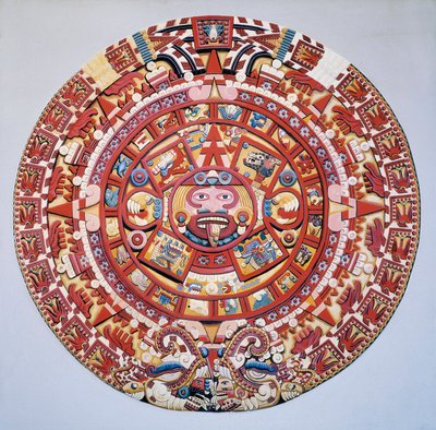 Civilisation précolombienne : le calendrier aztèque (Pierre du Soleil) : disque représentant le calendrier aztèque et la cosmogonie (Tonalpohualli) - Aztec Aztec