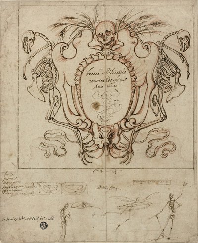 Cartouche funéraire avec inscription et croquis de squelettes et détails ornementaux - Baccio del Bianco