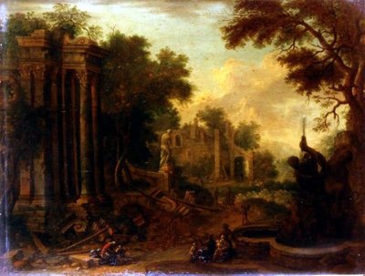Paysage boisé avec voyageurs se reposant près de ruines classiques (une paire) - Balthasar (circle of) Beschey