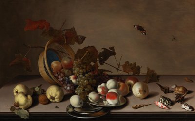 Nature morte de fruits avec panier en osier, moules et papillon, première moitié du 17ème siècle - Balthasar van der Ast