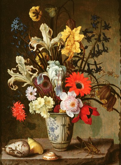 Étude florale avec gobelet, sauterelle et coquillages - Balthasar van der Ast