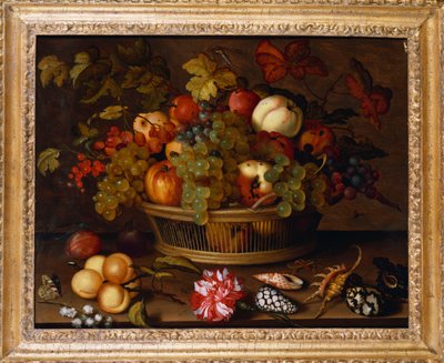 Raisins, pommes, une pêche et des prunes dans un panier avec du muguet - Balthasar van der Ast