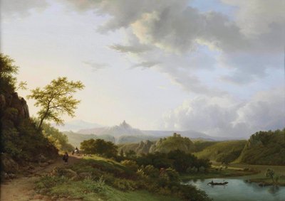Paysage estival panoramique avec des voyageurs et un château en ruine au loin. - Barend Cornelis Koekkoek