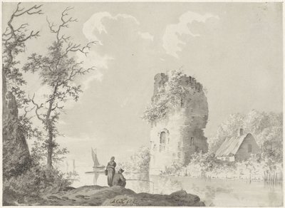 Paysage fluvial avec tour et pêcheur - Barend Cornelis Koekkoek