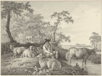Berger avec moutons, une chèvre et un jeune taureau dans un paysage - Barend Hendrik Thier