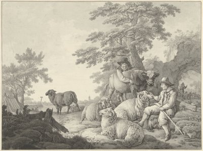 Berger avec moutons et un garçon avec un jeune taureau dans un paysage - Barend Hendrik Thier