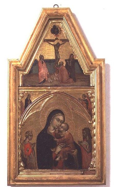 Madone et enfant avec Saint Jean-Baptiste et Sainte Catherine, avec scène de crucifixion au-dessus - Barnaba da Modena