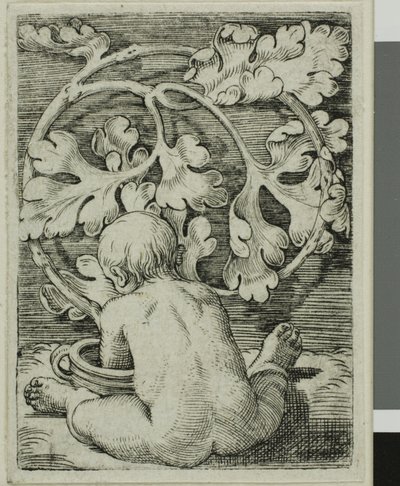 Enfant nu, vu de dos, assis devant un récipient - Barthel Beham