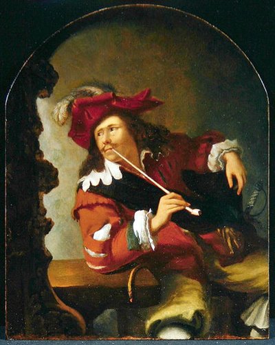 Un jeune homme assis à une table fumant une pipe en regardant dans un miroir - Bartholomaus Maton