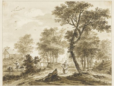 Paysage avec personnages et à gauche un homme dans une barque - Bartholomeus Barbiers