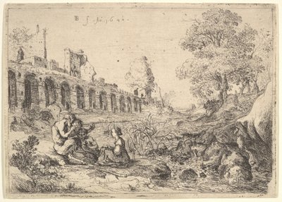 Corse assise devant des satyres sur la rive d