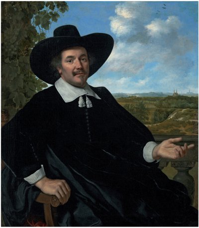Portrait de Gabriel Marselis, de trois quarts, assis, devant une balustrade, un paysage avec une maison de campagne et une vue lointaine de Haarlem au-delà. - Bartholomeus van der Helst