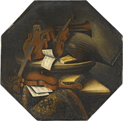 Nature morte avec un luth, un violoncelle, un violon et des partitions de musique sur un rebord de pierre à côté d