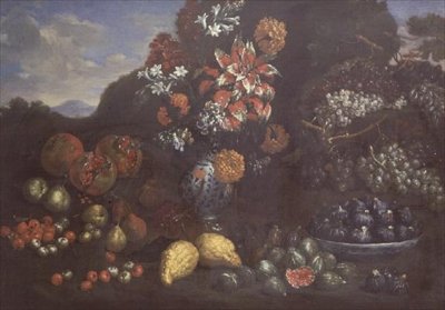 Fleurs dans un pichet en maiolica avec des fruits dans un paysage - Bartolomeo Bimbi