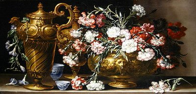 Nature morte avec des œillets dans un vase et une aiguière florentine sur un rebord - Bartolomeo Bimbi