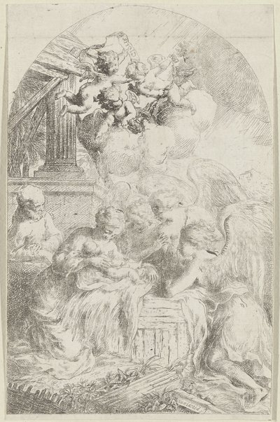 Enfant Jésus adoré par trois anges - Bartolomeo Biscaino