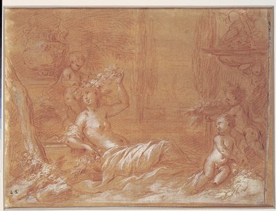 Nymphe allongée dans un jardin avec fontaine, vase et trois cupidons - Bartolomeo Biscaino