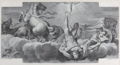Planche 34 : Auriga, le cocher, tombe du char au centre, avec trois chevaux à l..., 1756. Créateurs : Bartolomeo Crivellari, Gabriel Söderling - Bartolomeo Crivellari, Gabriel Söderling