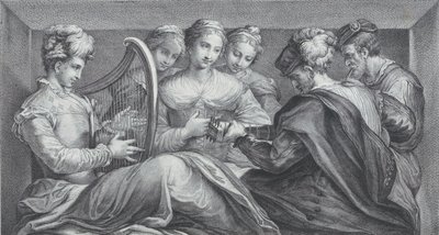 Un groupe de personnes élégamment vêtues jouant de la harpe et de la guitare - Bartolomeo Crivellari