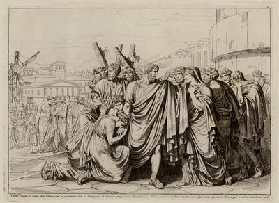 Atilius Regulus se préparant à quitter Rome pour retourner en captivité à Carthage (gravure) - Bartolomeo Pinelli