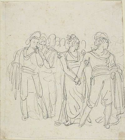 Chef de brigade retenu par une femme (recto) ; Esquisse de deux personnages dans un paysage (verso) - Bartolomeo Pinelli