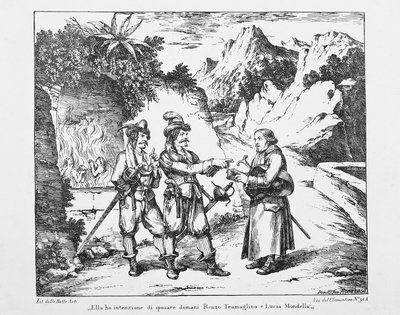 Don Abbondio rencontre deux Bravi, lithographie de Bartolomeo Pinelli (1781-1835) pour Les Fiancés d