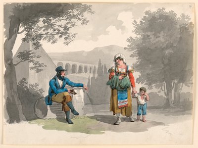Dessin, une femme tenant un garçon par la main passe devant un homme assis au milieu de ruines dans la Campagne, 1807 - Bartolomeo Pinelli