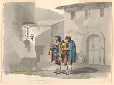 Dessin, "Pifferari", deux joueurs de cornemuse des Abruzzes à Rome, 1807-08 - Bartolomeo Pinelli