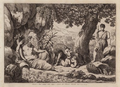 Romulus et Remus allaités par la louve et découverts par le berger Faustulus (gravure) - Bartolomeo Pinelli