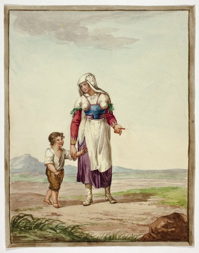 Femme en costume autochtone avec un garçon sur la route - Bartolomeo Pinelli