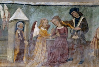 Scène allégorique, détail du cycle représentant la Cavalcade des Vices et des Vertus, vers 1490, par Bartolomeo Serra et Sebastiano Serra, fresque, chapelle Saint-Étienne, Giaglione, Piémont, Italie - Bartolomeo and Serra Sebastiano Serra