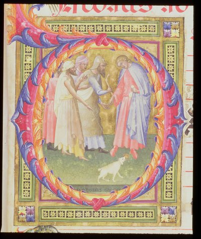 Ms 518 f.1r Initiale historiée O représentant Tobie et l