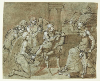 Un saint masculin lavé et soigné par des anges, écoutant une sainte féminine assise devant un pupitre et pointant vers le haut. Saint Sébastien chez Sainte Irène ? - Bartolommeo Letterini