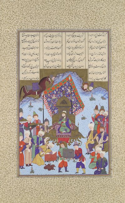 Afrasiyab sur le trône iranien, Folio 105r du Shahnama Livre des Rois..., vers 1525-30. - Bashdan Qara