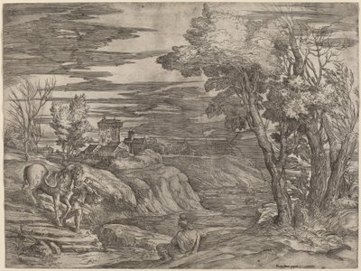 Paysage avec un homme menant un cheval - Battista Franco after Titian