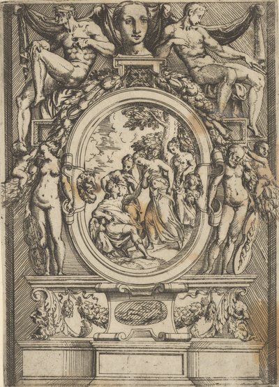 Le Jugement de Paris, un homme assis à gauche tend la main vers une femme flanquée de ..., vers 1540-80 - Battista del Moro