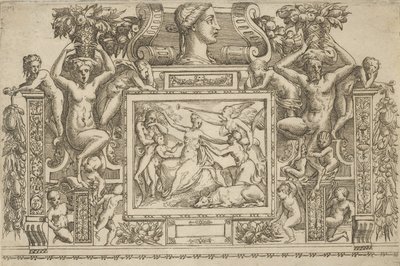 Femme assise avec les bras étendus, personnification de la Renommée avec une trompette à droite... - Battista del Moro