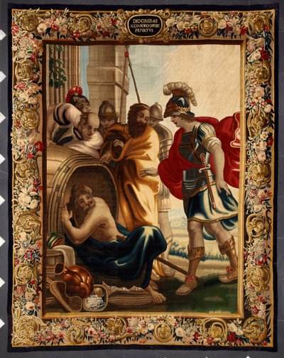 Diogène et Alexandre : rencontre entre le philosophe grec Diogène de Sinope (413-327 av. J.-C.) dans son tonneau et le roi Alexandre le Grand (356-323 av. J.-C.) à Corinthe. Lorsque le conquérant lui demanda ce qu